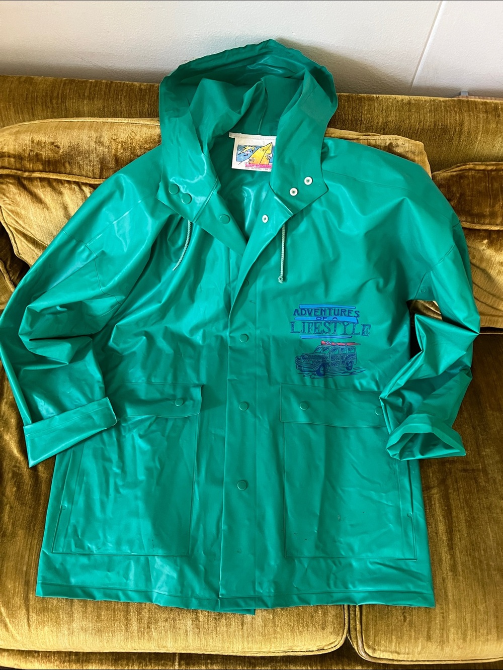 Vintage OP Green Waterproof Hooded Rain Jacket Print 1990s 1980s Size Medium